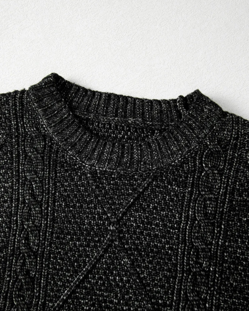 Round Neck Long Sleeve Drop Shoulder Pullover Sweater Casual Loose Fit Cable Knit Mid-length Sweater