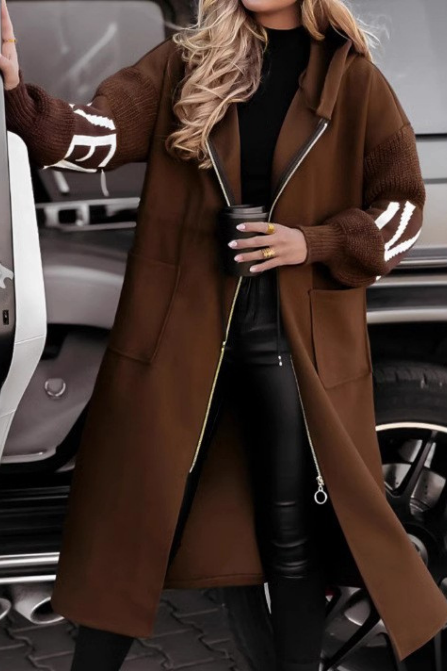 KNIT-SLEEVE HOODED JACKET