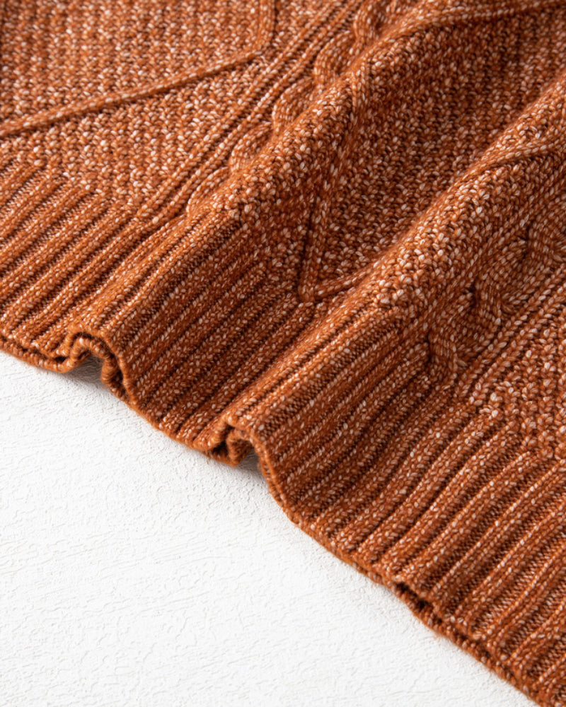 Round Neck Long Sleeve Drop Shoulder Pullover Sweater Casual Loose Fit Cable Knit Mid-length Sweater