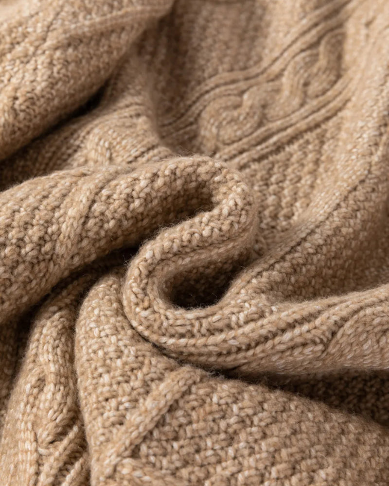 Round Neck Long Sleeve Drop Shoulder Pullover Sweater Casual Loose Fit Cable Knit Mid-length Sweater