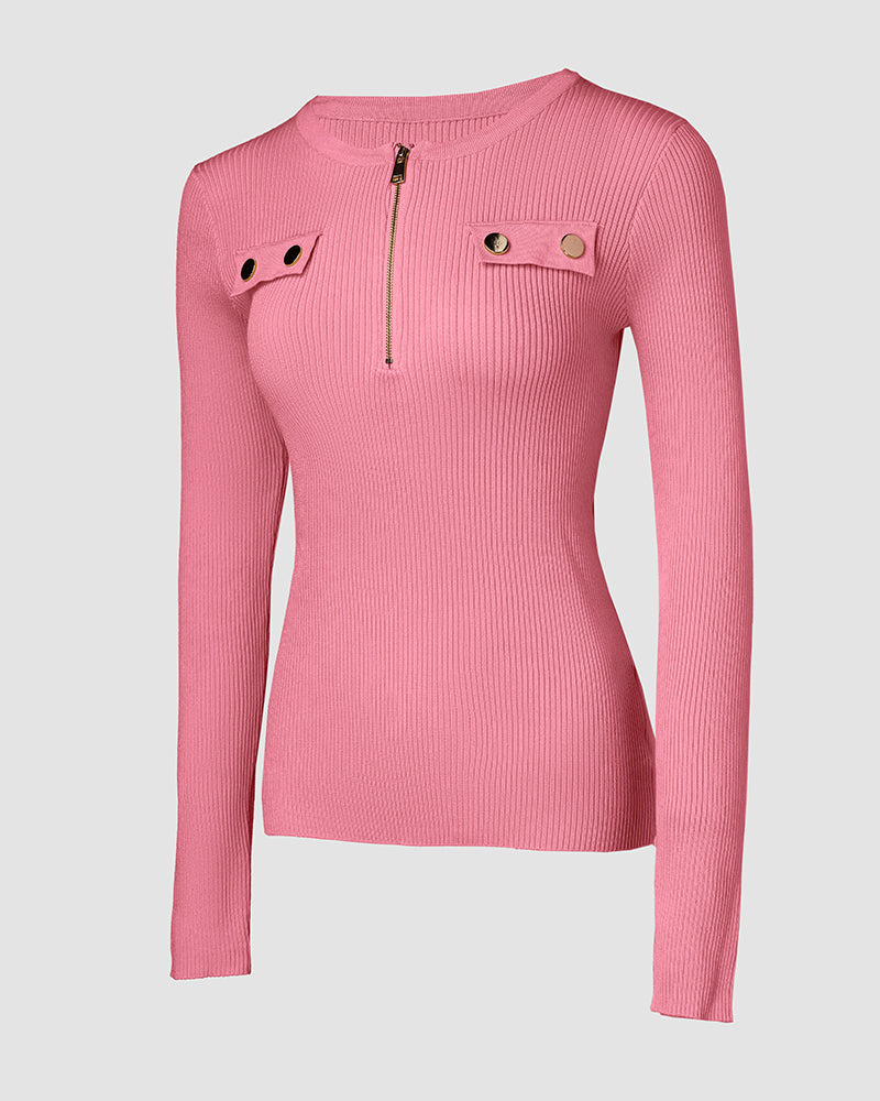 Crewneck Half Zipper Flap Detail Knit Sweater Long Sleeve Slim Fit Ribbed Pullover Top