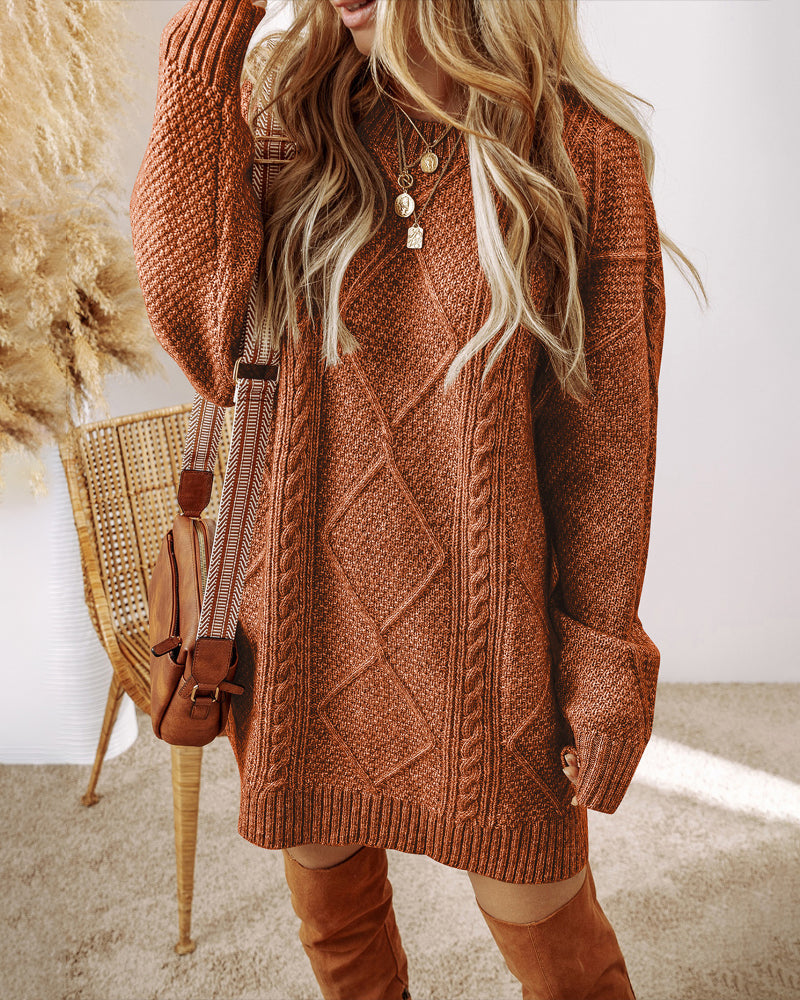 Round Neck Long Sleeve Drop Shoulder Pullover Sweater Casual Loose Fit Cable Knit Mid-length Sweater