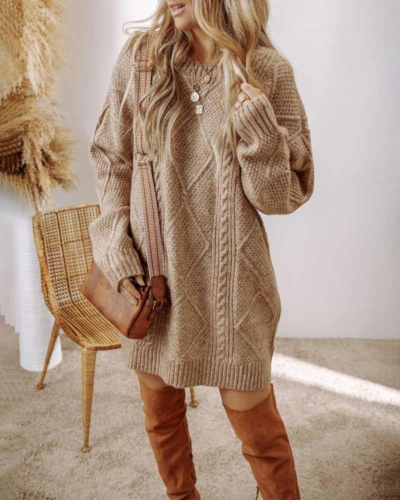 Round Neck Long Sleeve Drop Shoulder Pullover Sweater Casual Loose Fit Cable Knit Mid-length Sweater