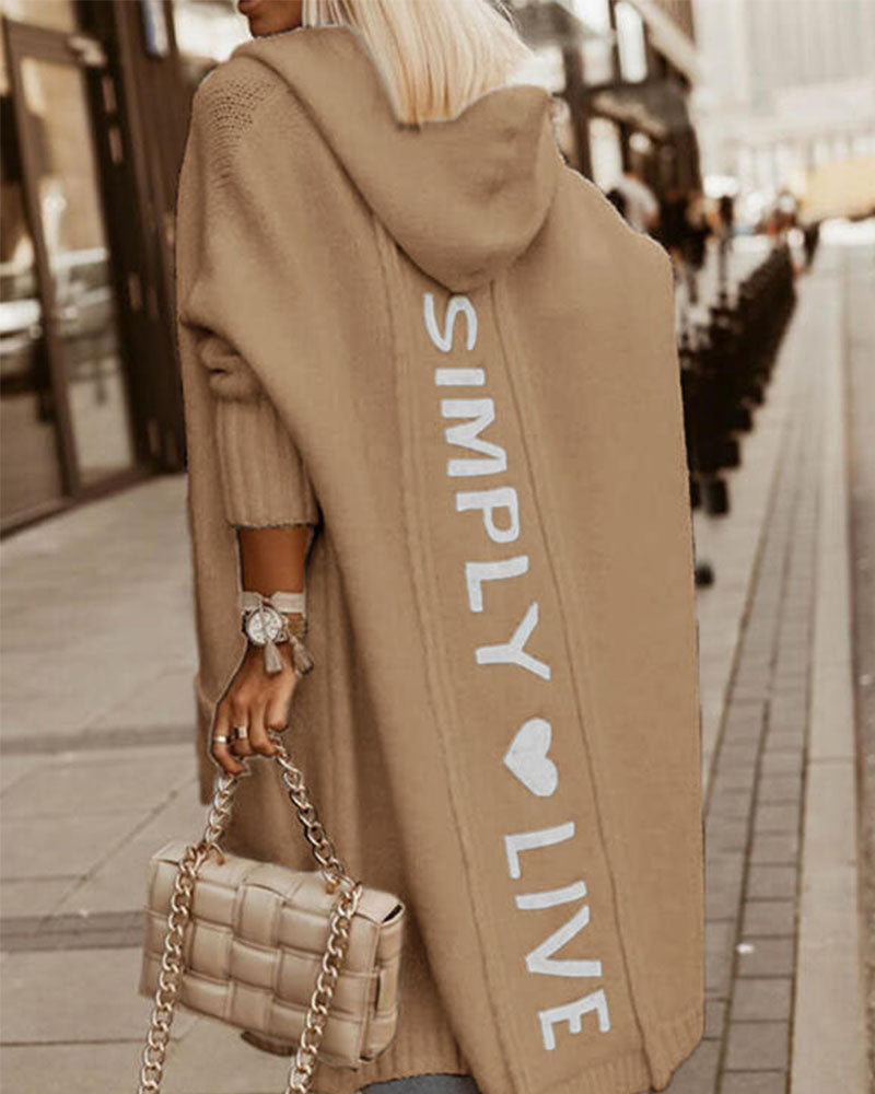 Letter Heart Pattern Long Cardigans Knitted Open Front Oversized Hooded Outerwear Sweater Coat