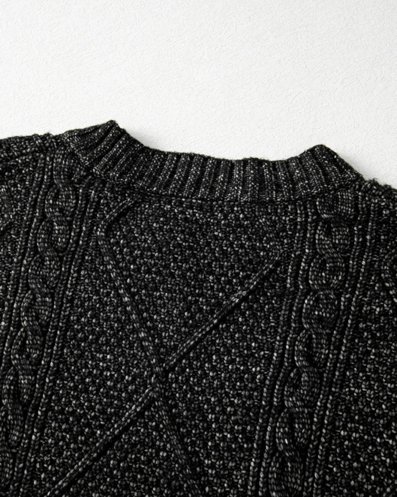Round Neck Long Sleeve Drop Shoulder Pullover Sweater Casual Loose Fit Cable Knit Mid-length Sweater