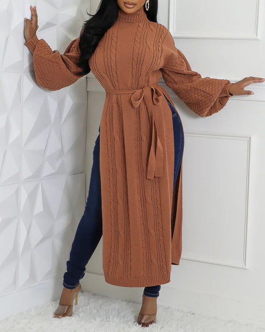 Cable Textured High Neck Lantern Sleeve Bow Tie Waist Sweater Casual High Slit Knit Longline Top