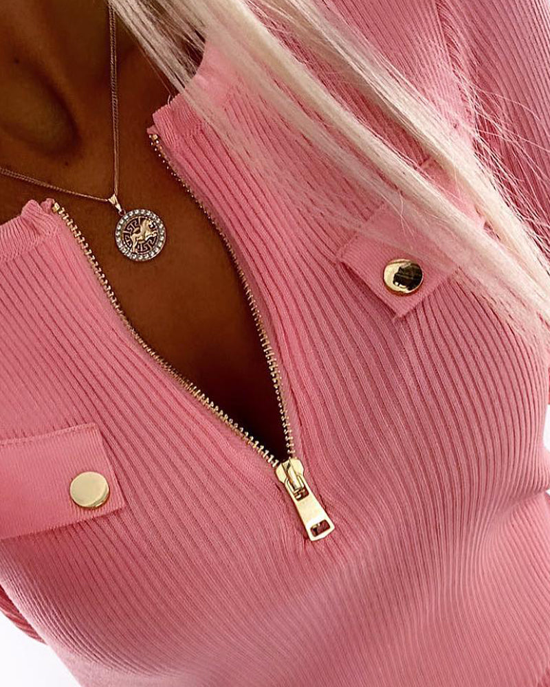 Crewneck Half Zipper Flap Detail Knit Sweater Long Sleeve Slim Fit Ribbed Pullover Top