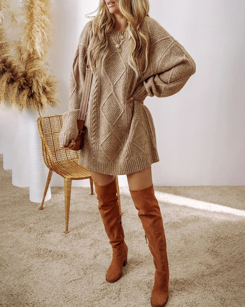 Round Neck Long Sleeve Drop Shoulder Pullover Sweater Casual Loose Fit Cable Knit Mid-length Sweater