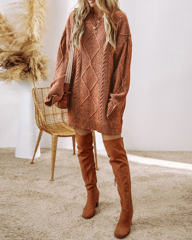 Round Neck Long Sleeve Drop Shoulder Pullover Sweater Casual Loose Fit Cable Knit Mid-length Sweater