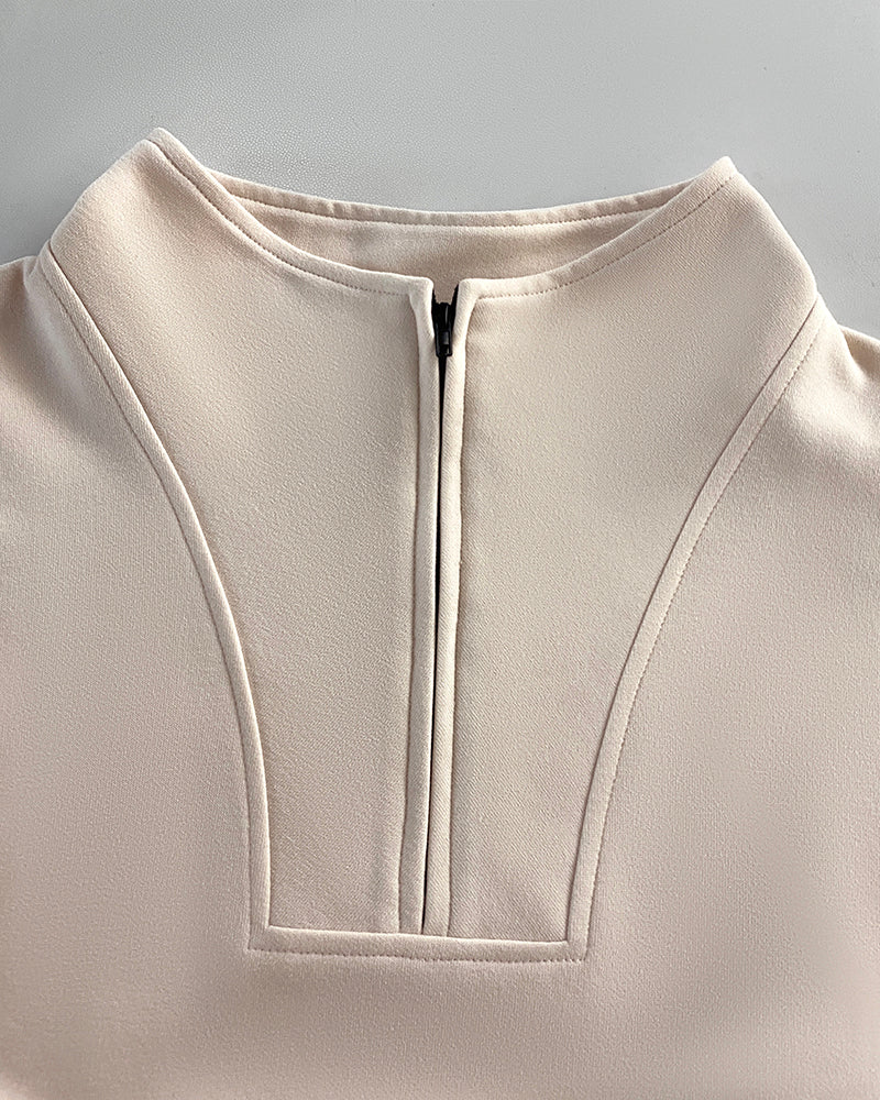 High Neck Half Zip Long Sleeve Kangaroo Pocket Sweatshirt Casual Drop Shoulder Top
