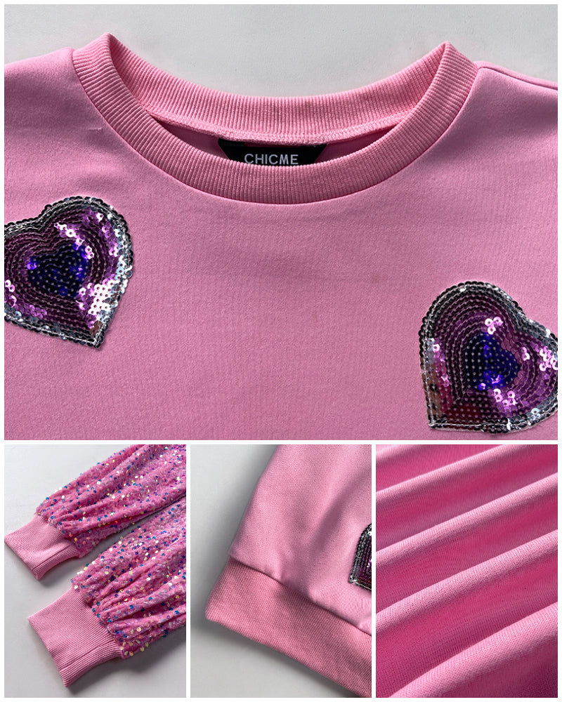 Heart Pattern Contrast Sequin O-Neck Long Sleeve Sweet Pullover Top