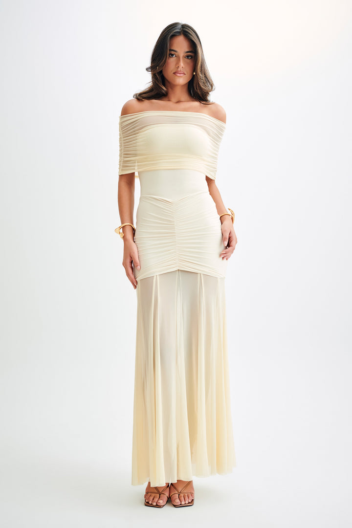 Caspian Slinky And Mesh Off Shoulder Maxi Dress