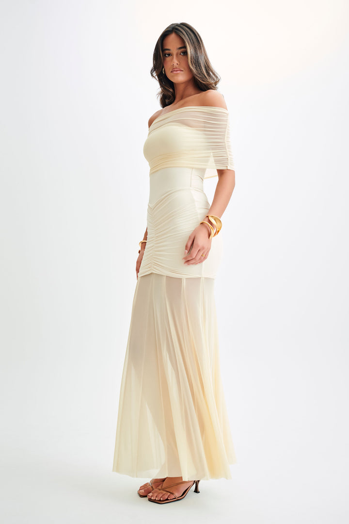 Caspian Slinky And Mesh Off Shoulder Maxi Dress