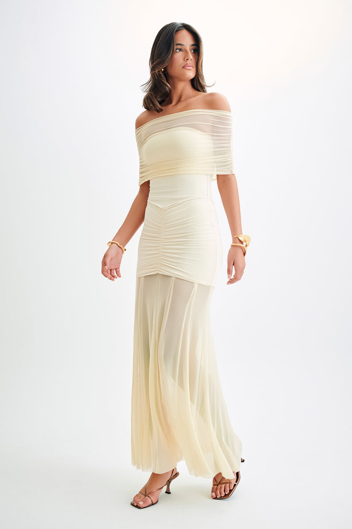 Caspian Slinky And Mesh Off Shoulder Maxi Dress