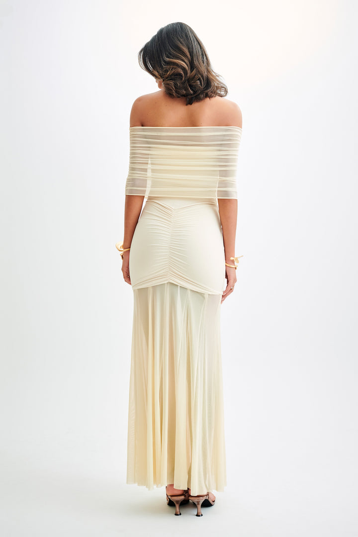 Caspian Slinky And Mesh Off Shoulder Maxi Dress