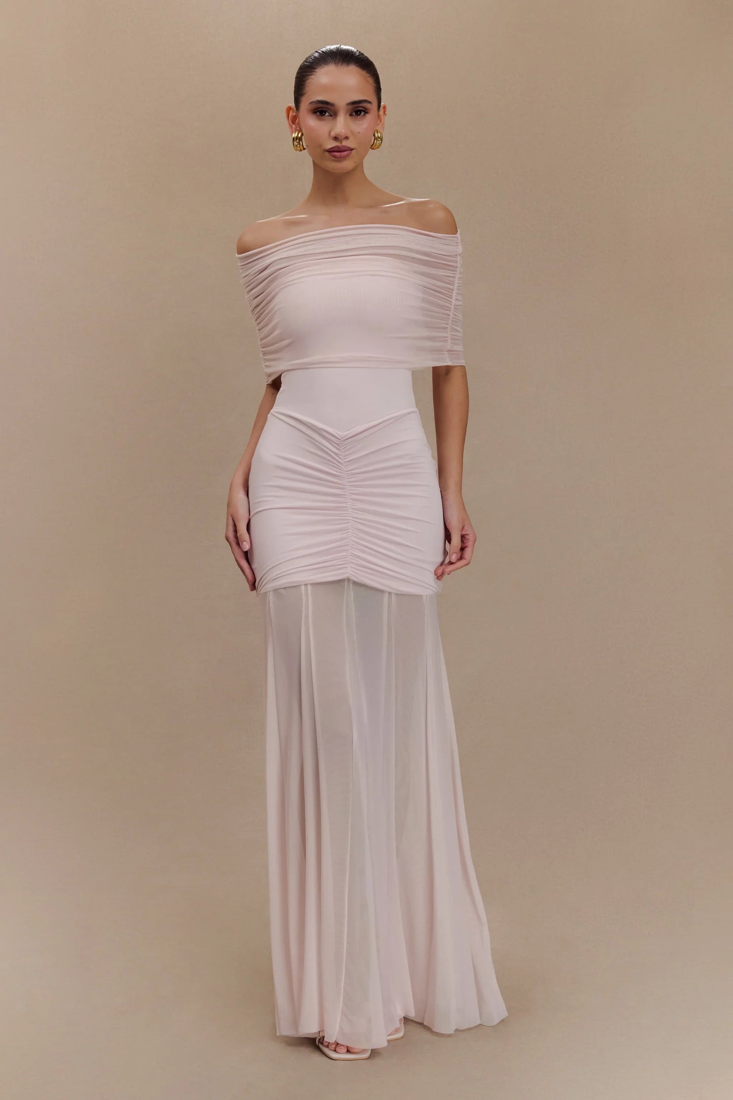 Caspian Slinky And Mesh Off Shoulder Maxi Dress