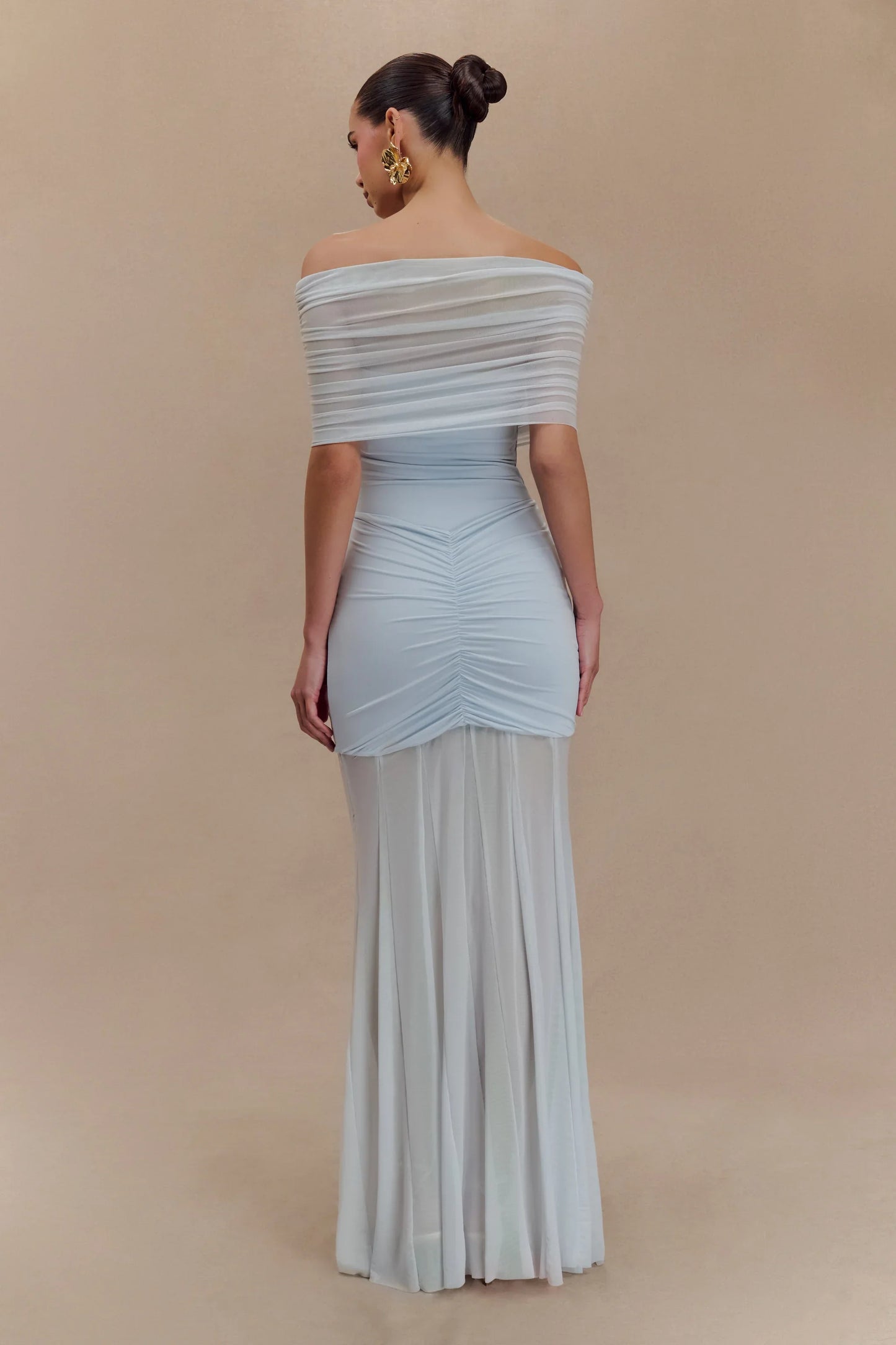 Caspian Slinky And Mesh Off Shoulder Maxi Dress