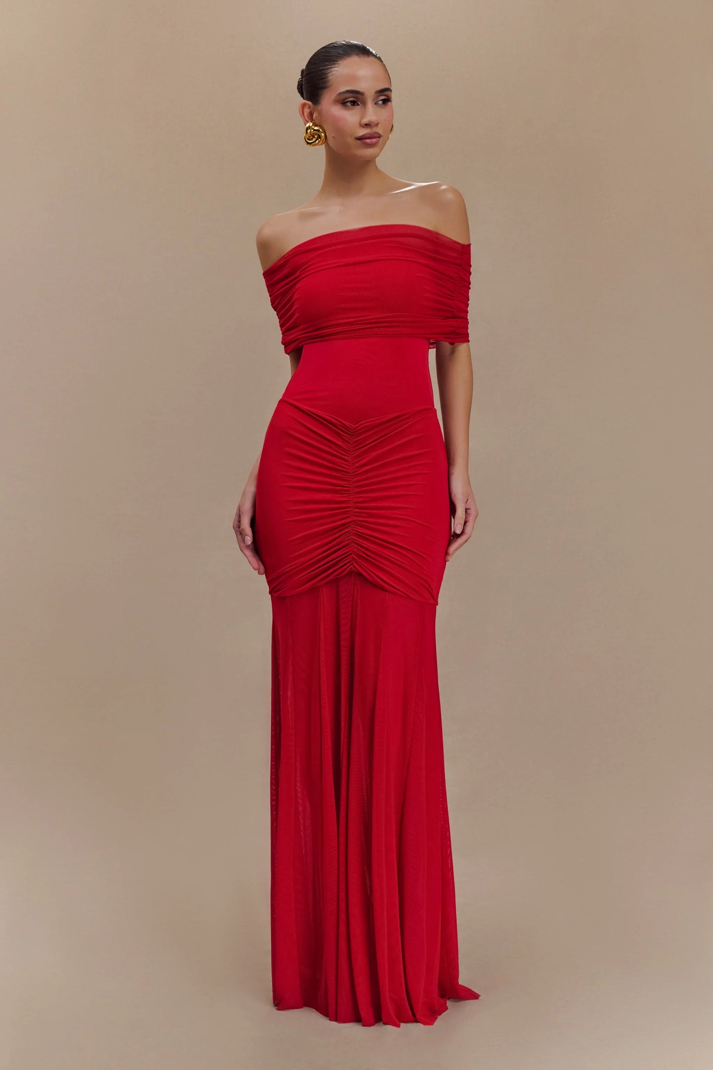 Caspian Slinky And Mesh Off Shoulder Maxi Dress