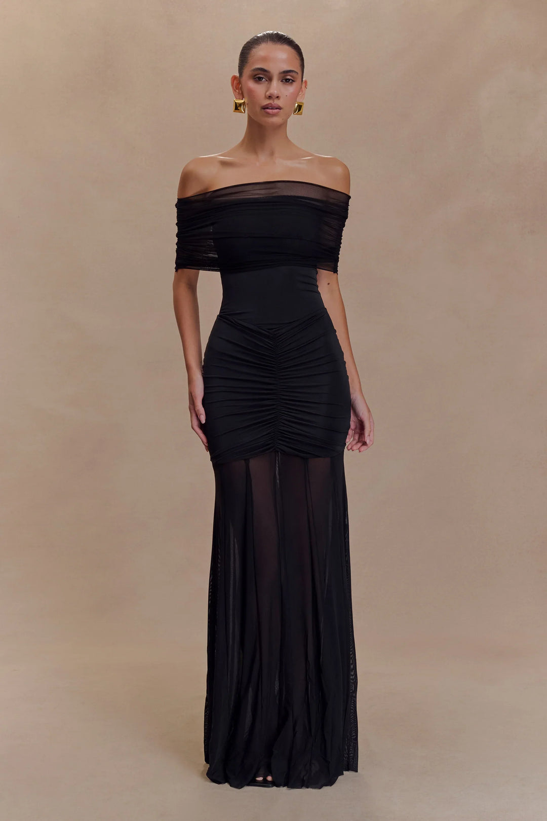 Caspian Slinky And Mesh Off Shoulder Maxi Dress