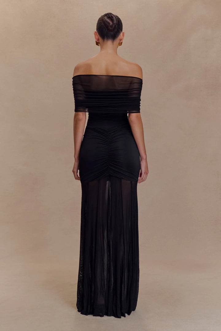 Caspian Slinky And Mesh Off Shoulder Maxi Dress