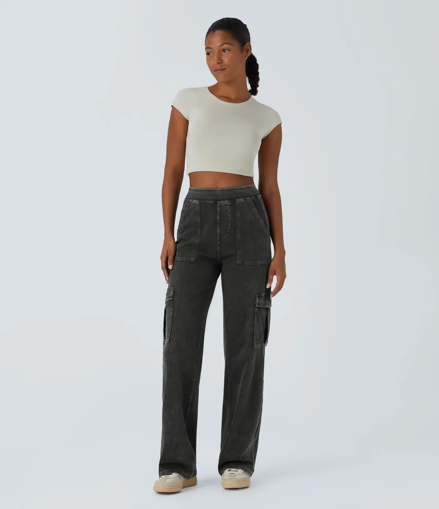 Ella | Elastische cargo broek met hoge taille