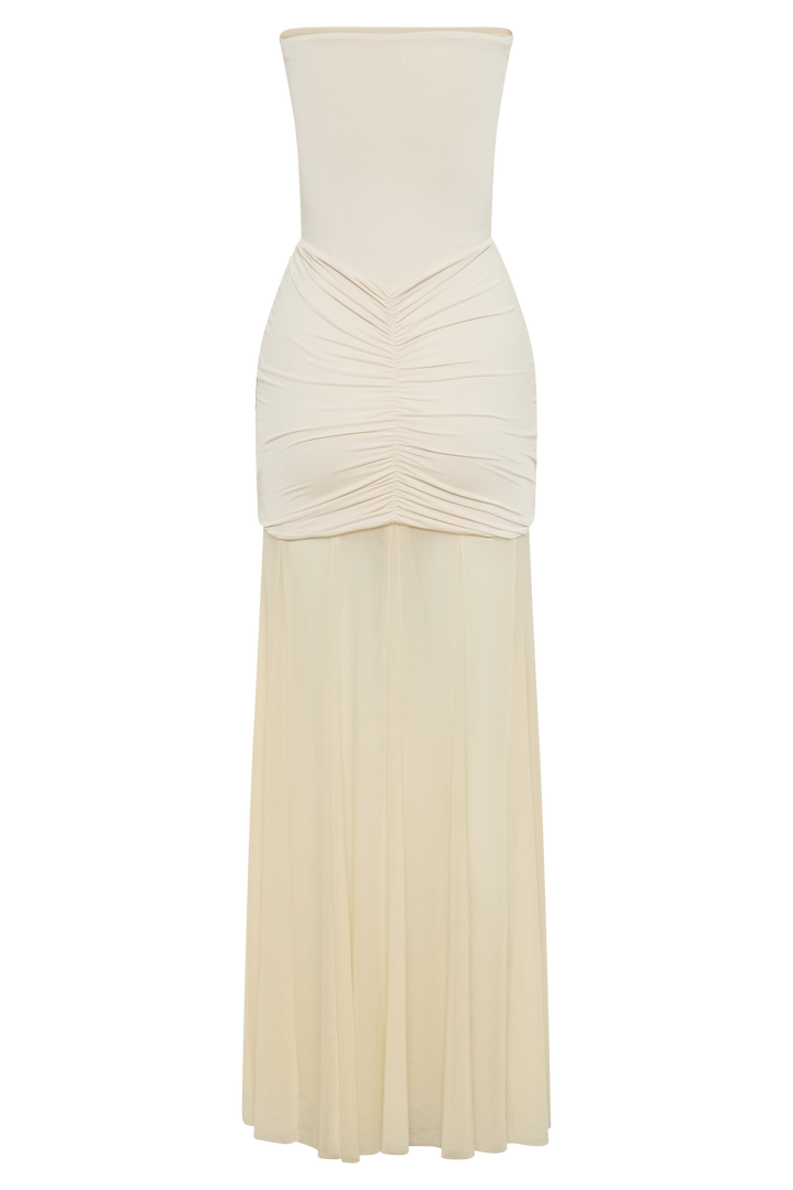 Caspian Slinky And Mesh Off Shoulder Maxi Dress