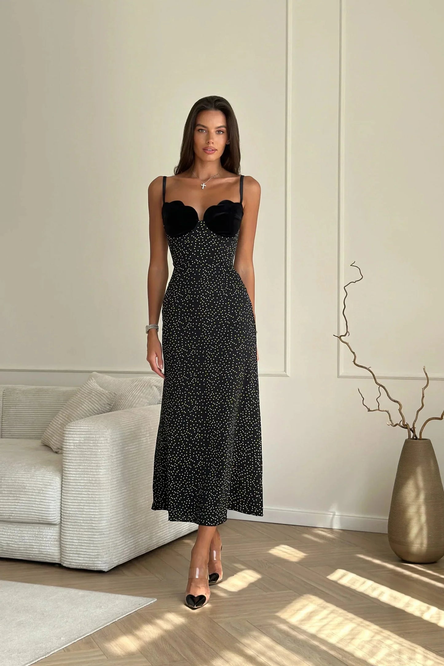 Warrina™ | Velvet Polka Dot Maxi Dress