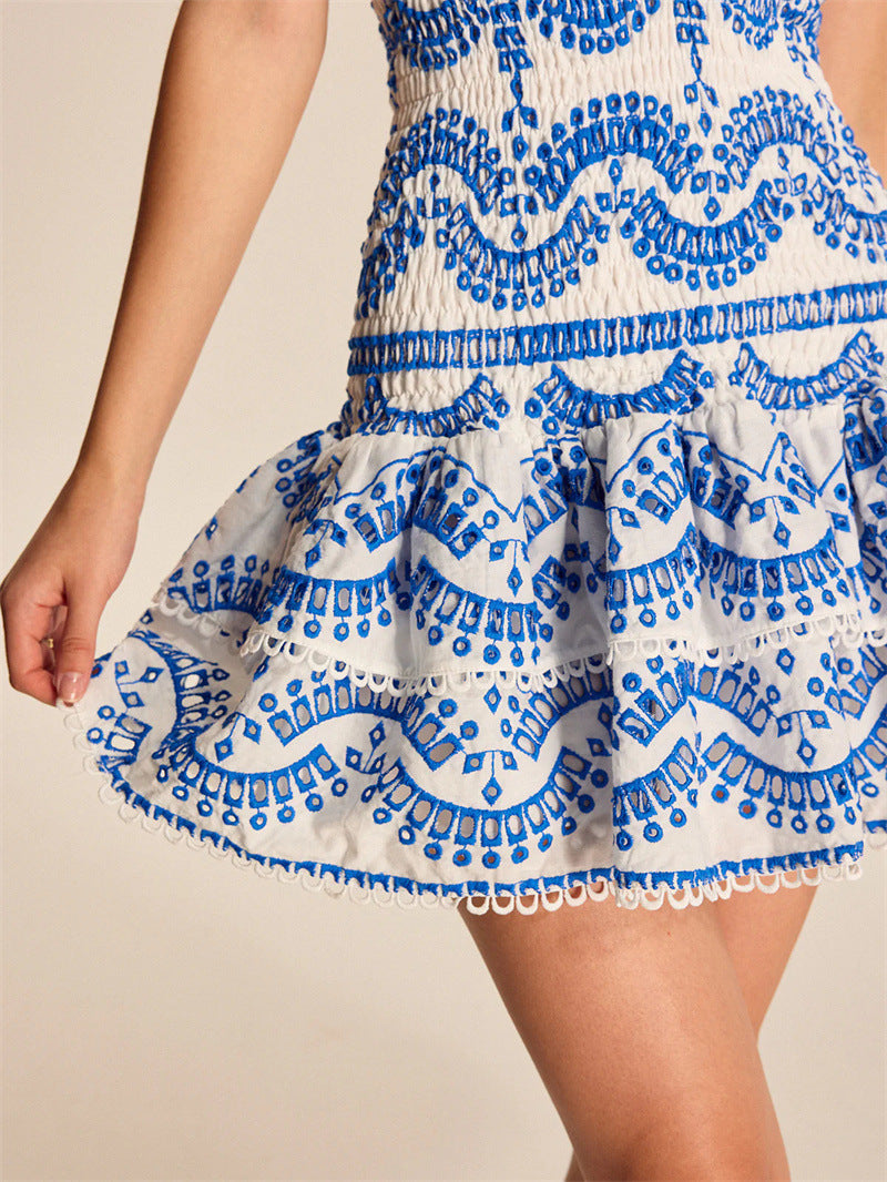 Embroidered Ruffled Sleeveless Dress