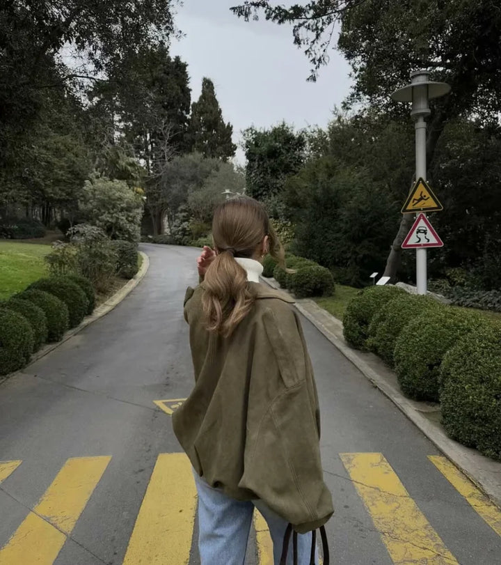 Suede-Texture Bomber Jacket