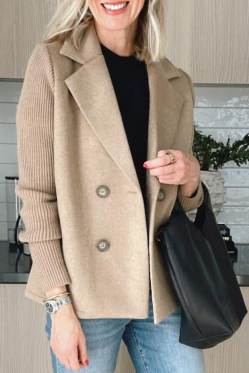 Casual Knit-Sleeve Coat with Pockets