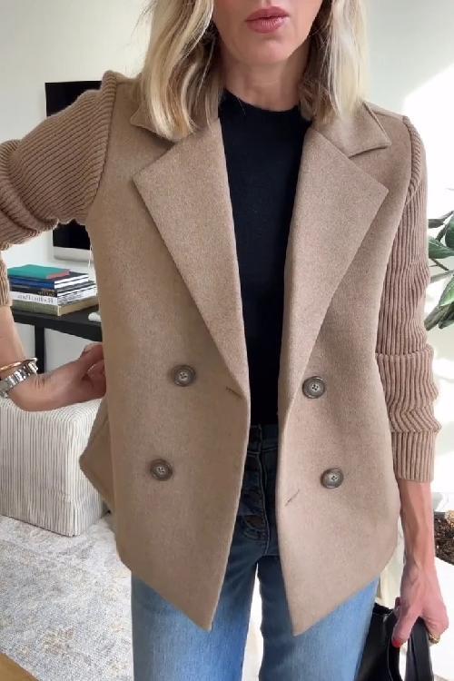 Casual Knit-Sleeve Coat with Pockets