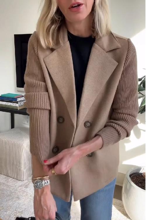 Casual Knit-Sleeve Coat with Pockets